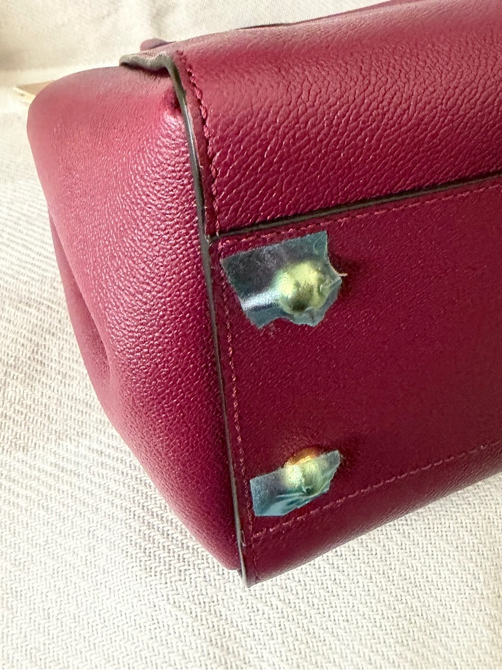 Burberry Burgundy Leather Top-Handle Satchel with Check Strap - Picture 11 of 12